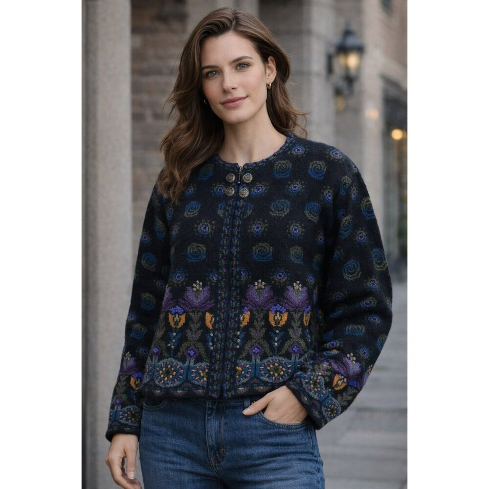 Icelandic Design Womens Vintage Black Wool Floral Cardigan W/ Button Size M